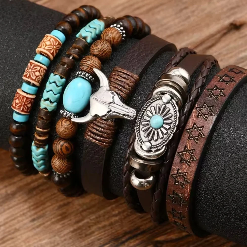 Western Men's Brown and Turquoise  leather 6x bracelet set